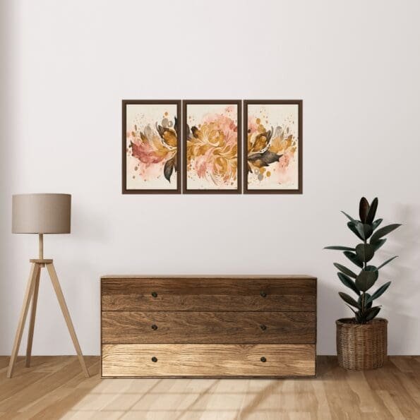 Set of 3 Golden Floral Wall Art