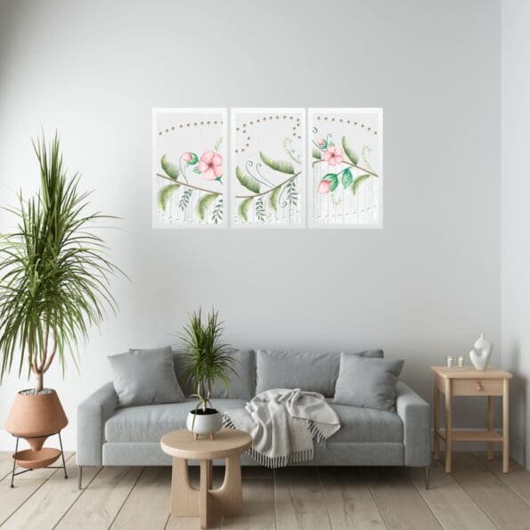 Set of 3 Pink Green Floral Wall Art