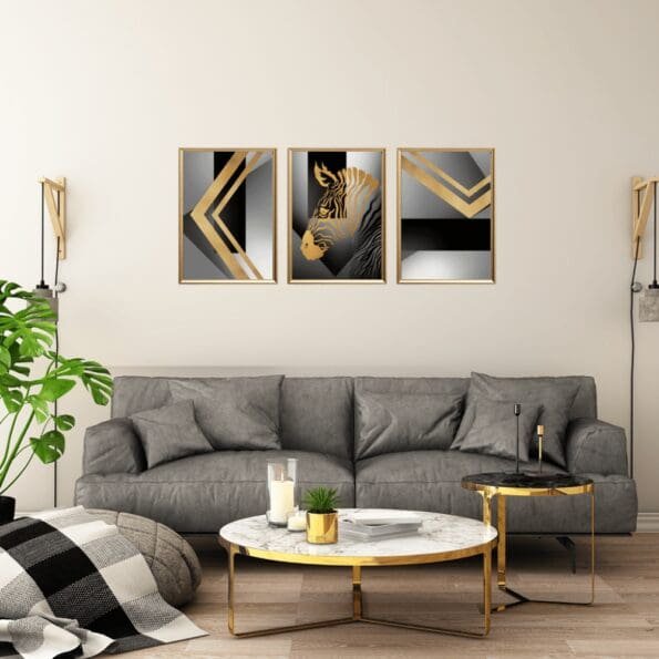 Set of Three 3D Golden Zebra Wall Art gold