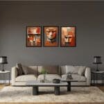 Set of Three Ethnic Stone Face Wall Art brown