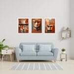 Set of Three Ethnic Stone Face Wall Art brown