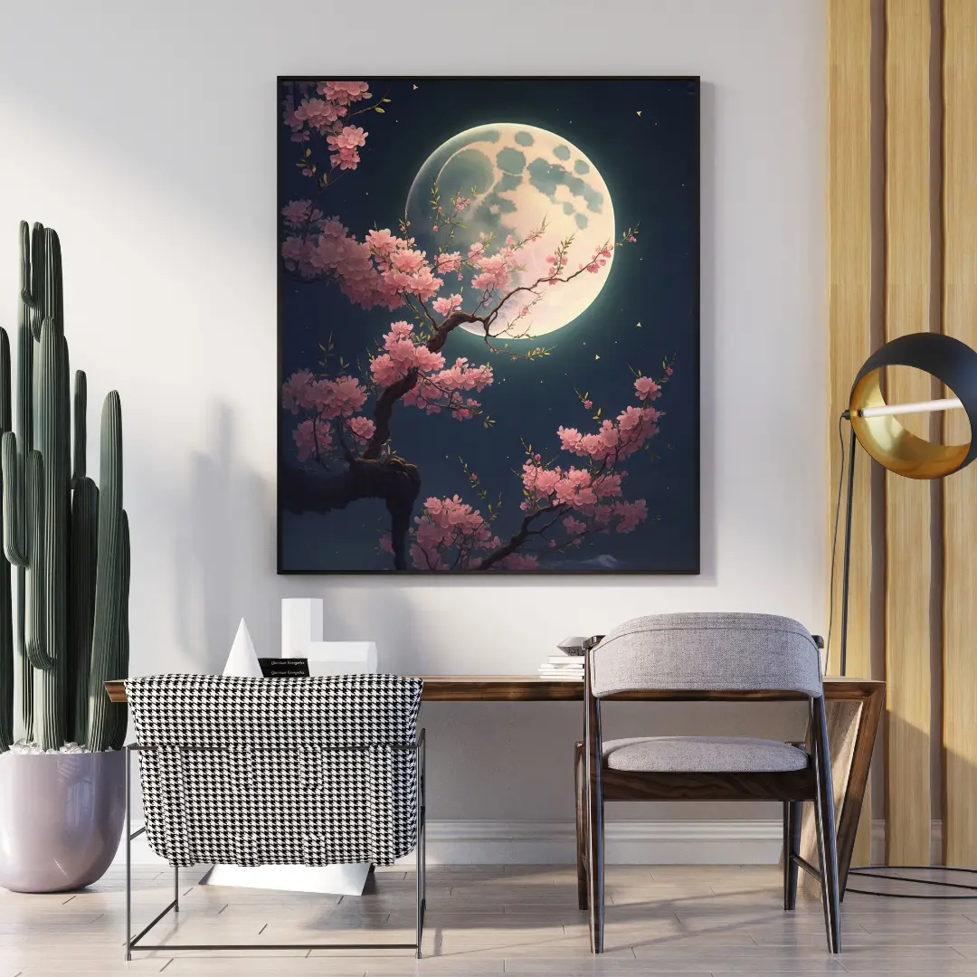 Pink Flowers with Moon Wall Art
