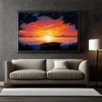 Sunset at Beautiful Lake with Boat Modern Art