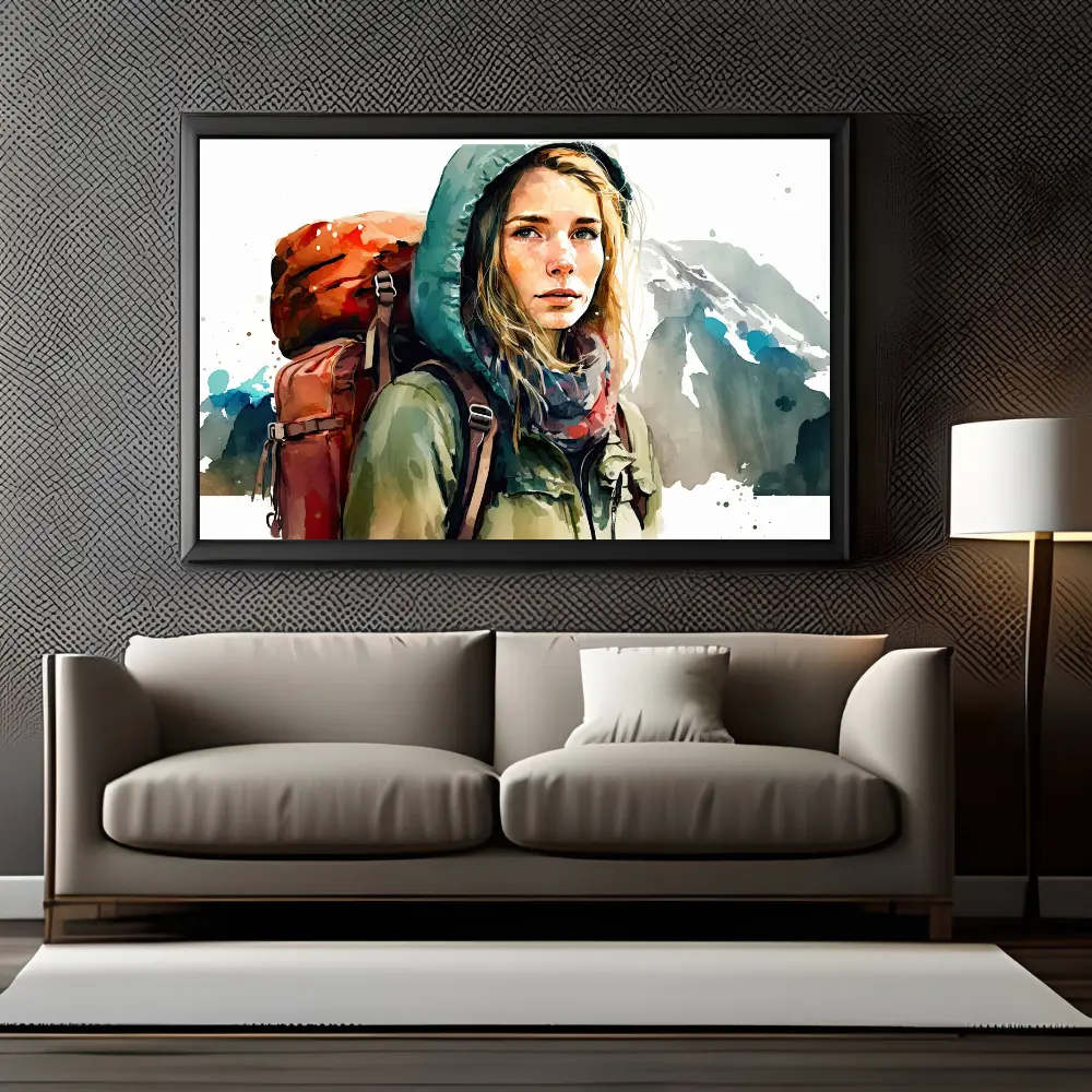 Women Hiker with Backpack Modern Wall Art